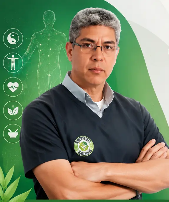 Eduardo Flores, creador del Sistema Clínico Integrativo RABEN, durante una consulta de medicina funcional y bienestar integral en Quito, Ecuador.
